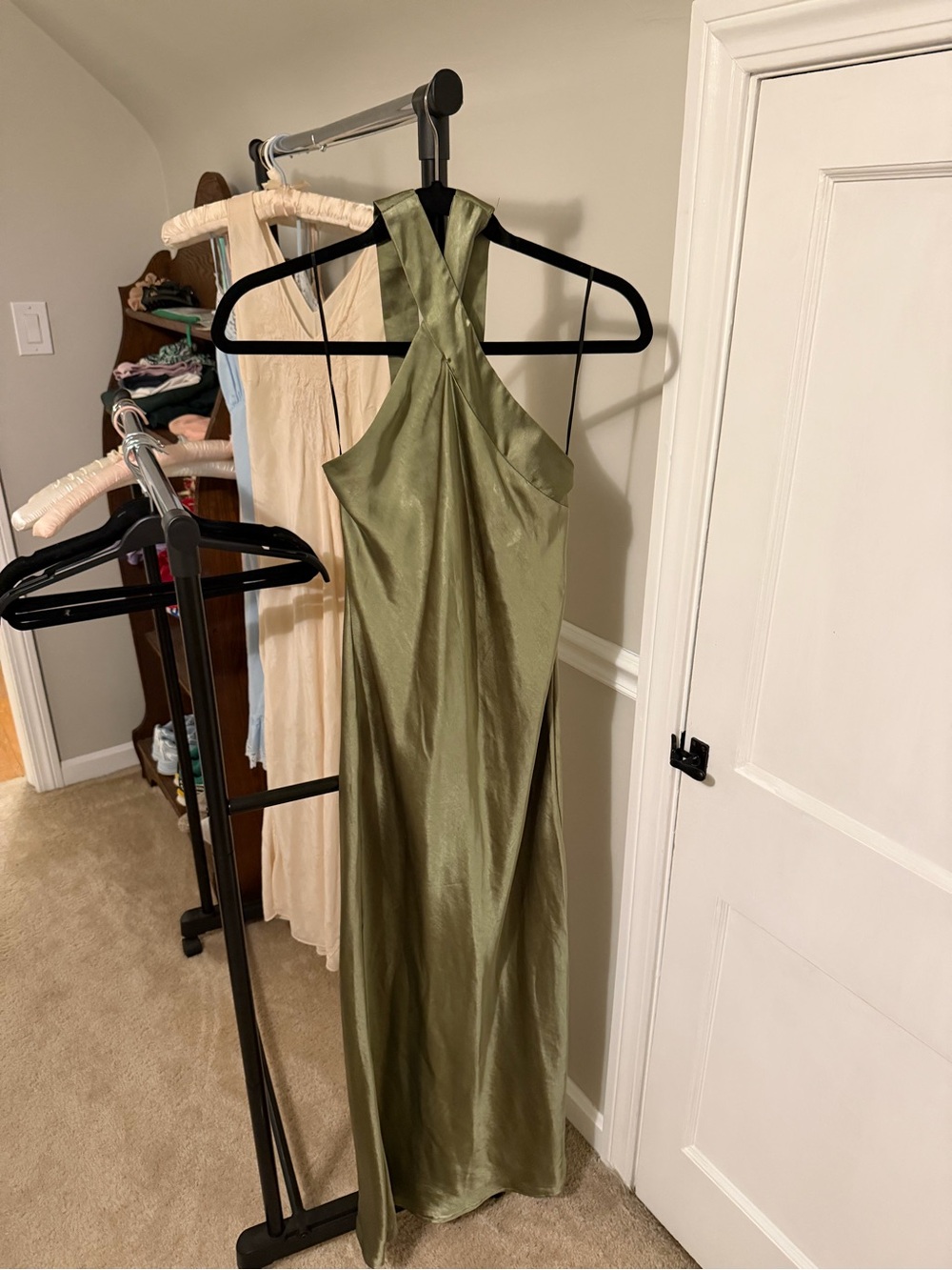 Petal & Pup Olive Green One-Shoulder Satin Maxi Dress